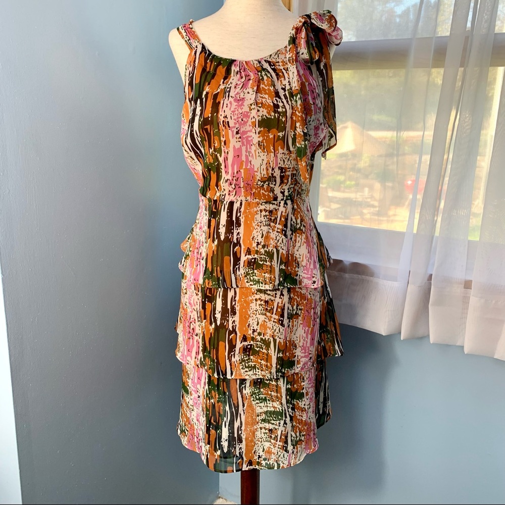 BCBGMaxAzria Pink, Green & Brown Layered Print Dress